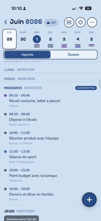 App iOS, vue Agenda : la liste des événements du jour, avec pastilles colorées.