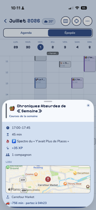 App iOS, le détail d'une quête : horaire, XP, compagnon et carte du lieu.